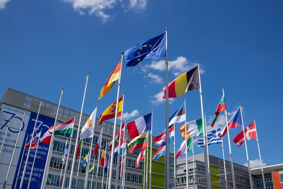 EU member states flags Foreign Affairs Council Brussels