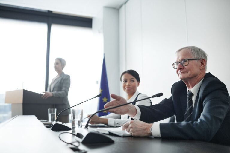 EU diplomatic conference with microphones